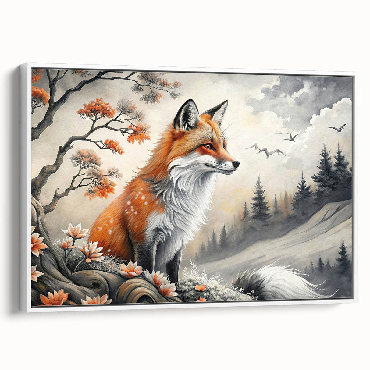 Framed canvas wall art featuring a stylized fox design in vibrant colors, displayed against a white backdrop, perfect for wildlife enthusiasts and modern decor.