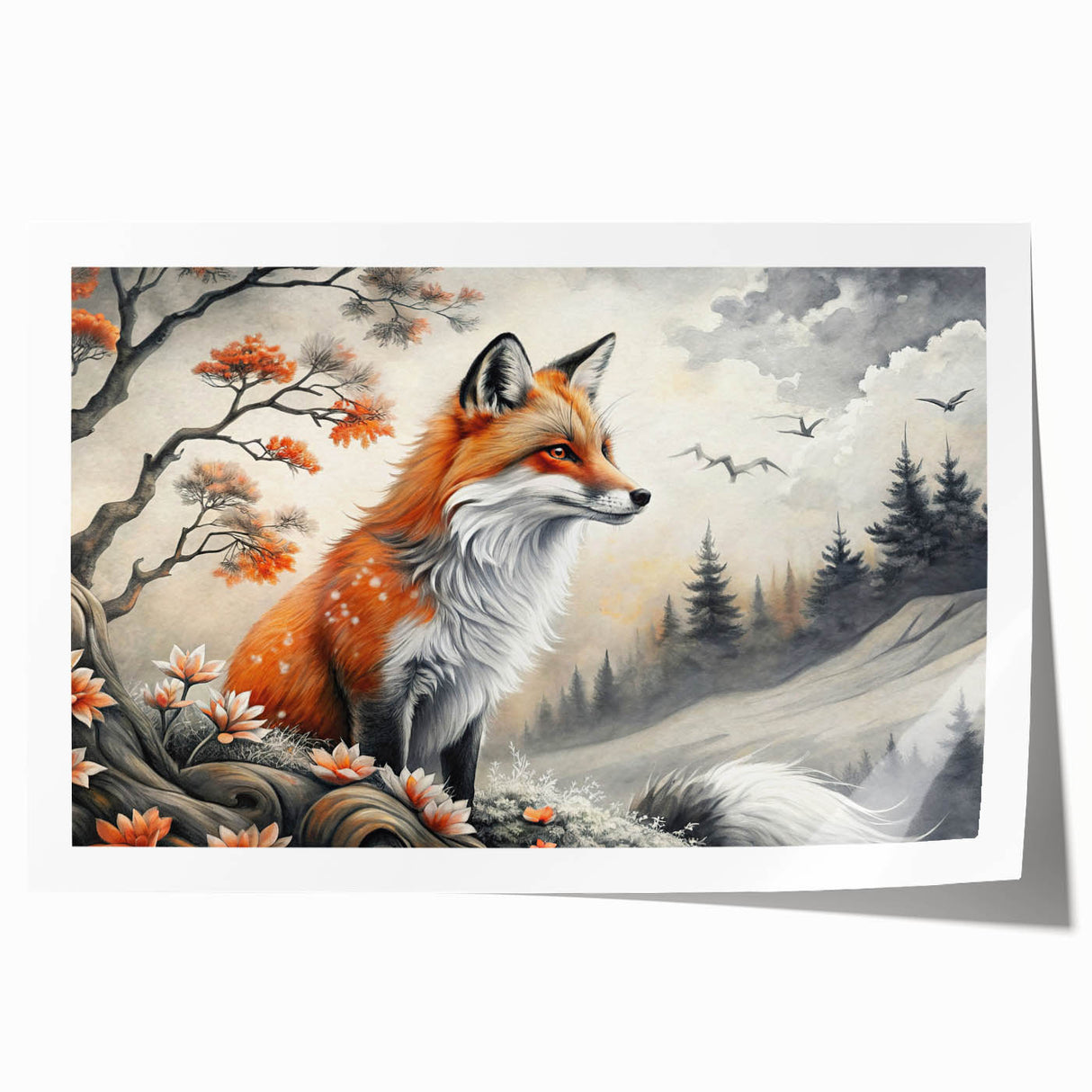 Vibrant wall art print showcasing a whimsical fox design, featuring rich colors and intricate details, ideal for animal lovers and modern home decor.