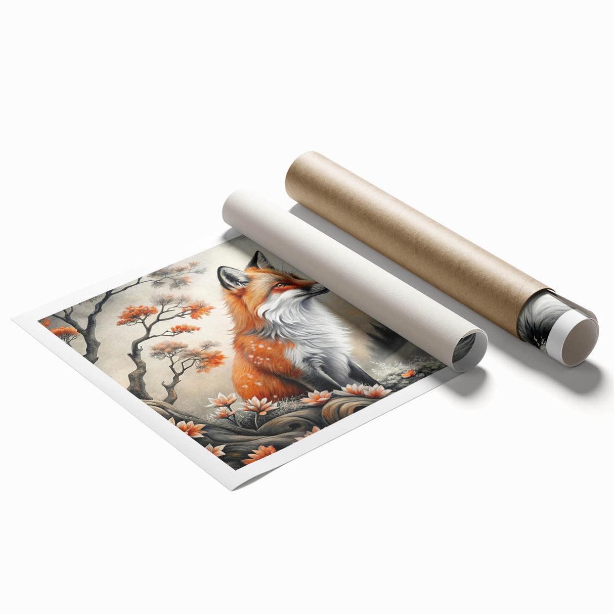 Fox wall art print showcasing a vibrant, colorful design of a whimsical fox surrounded by nature elements. Ideal for home decor or animal-themed spaces.