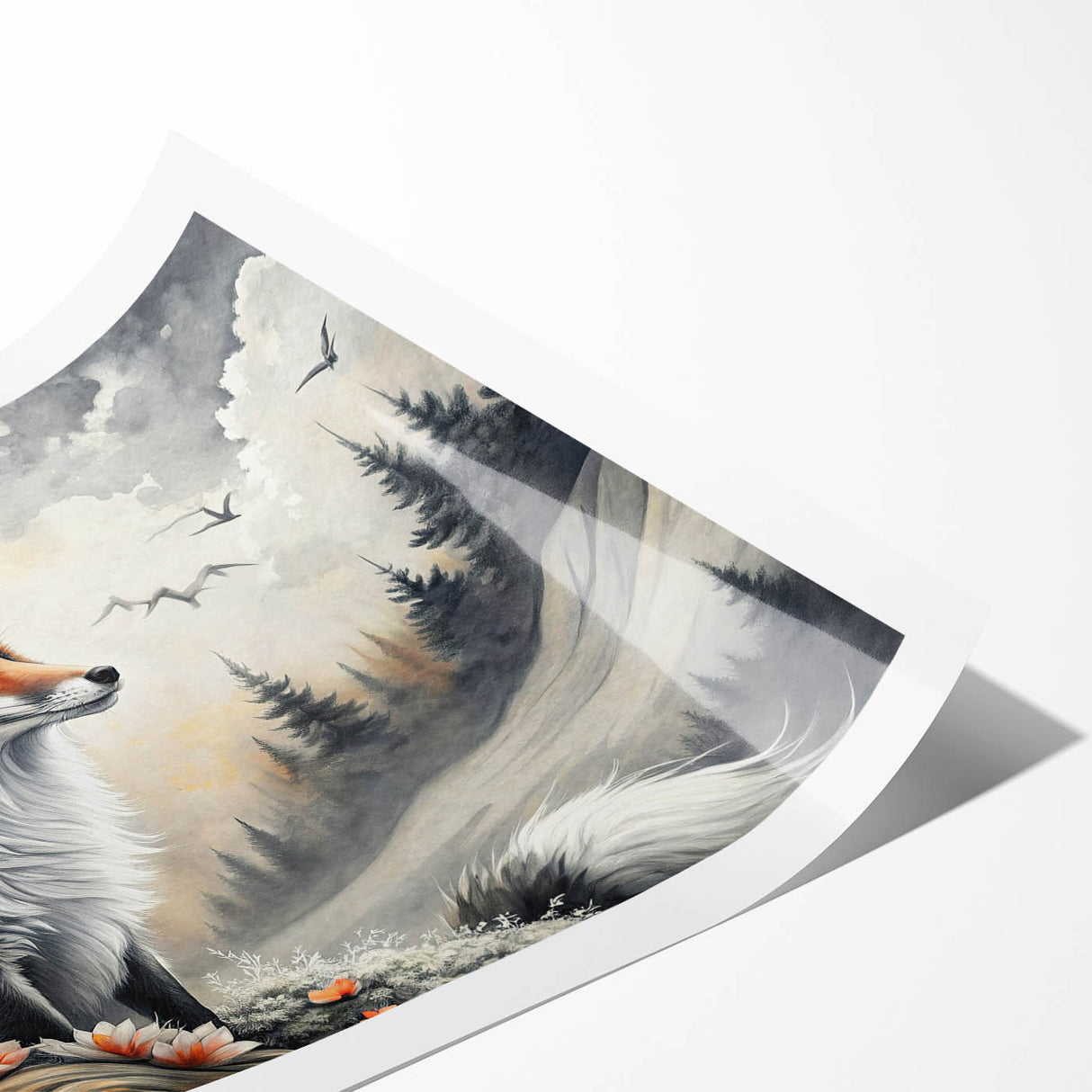 Vibrant fox design wall art print showcasing intricate details and rich colors, rolled for easy framing and display, perfect for nature lovers and home decor.