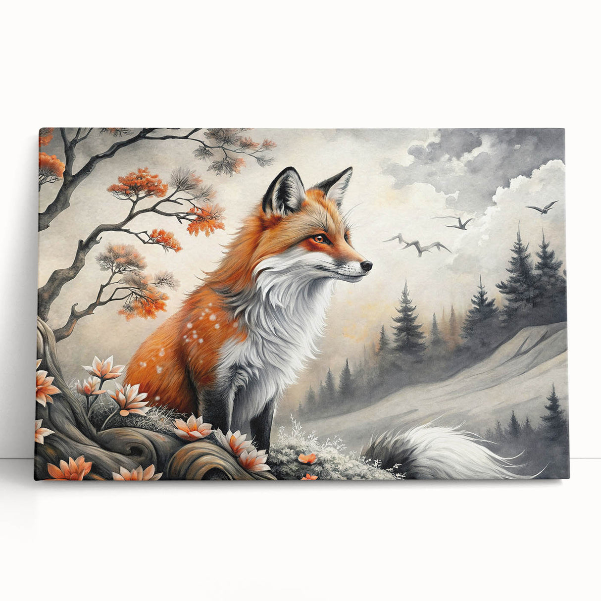 Vibrant stretched canvas wall art depicting a stylized fox design, featuring rich colors and intricate details, perfect for animal lovers and modern decor.