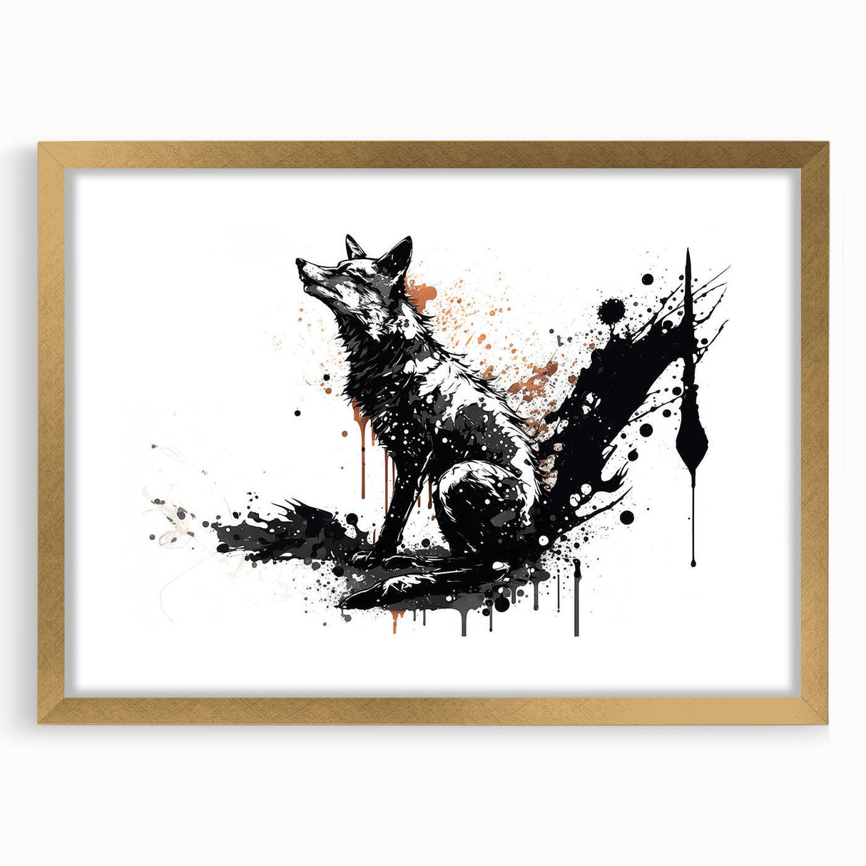 Framed art print featuring a gold mat and a vibrant fox design, showcasing its intricate details and colors, ideal for wildlife enthusiasts and modern decor.