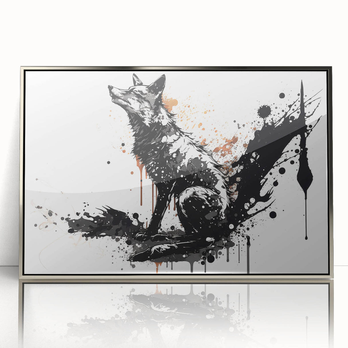 Framed acrylic wall art featuring a sleek silver front view of a fox design, showcasing vibrant colors and intricate details, ideal for animal-themed decor.