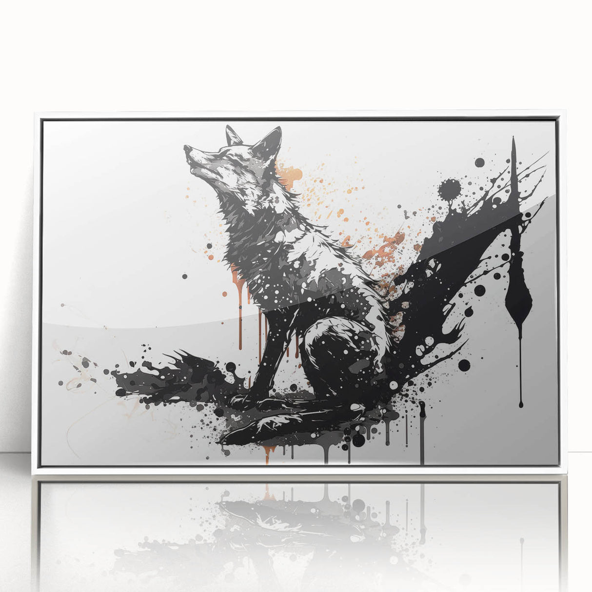 Framed wall art featuring a vibrant fox design in a white frame, showcasing a detailed illustration of the animal in a wild habitat, perfect for nature lovers.