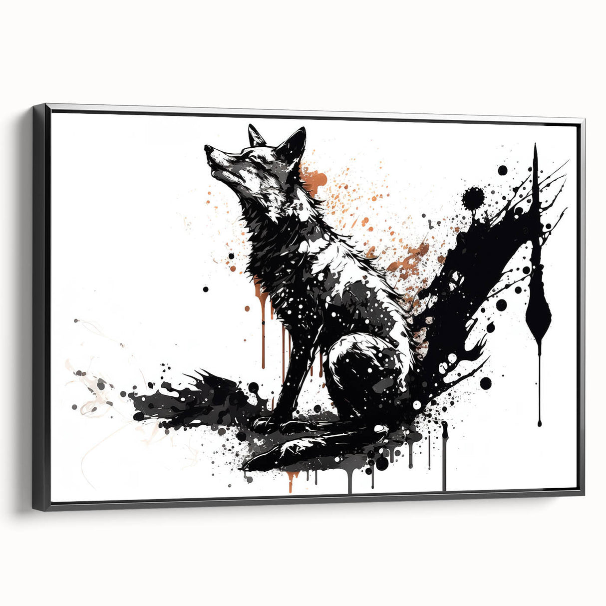 Framed canvas wall art featuring a striking black and white fox design, showcasing intricate details and textures, perfect for wildlife enthusiasts and modern decor.