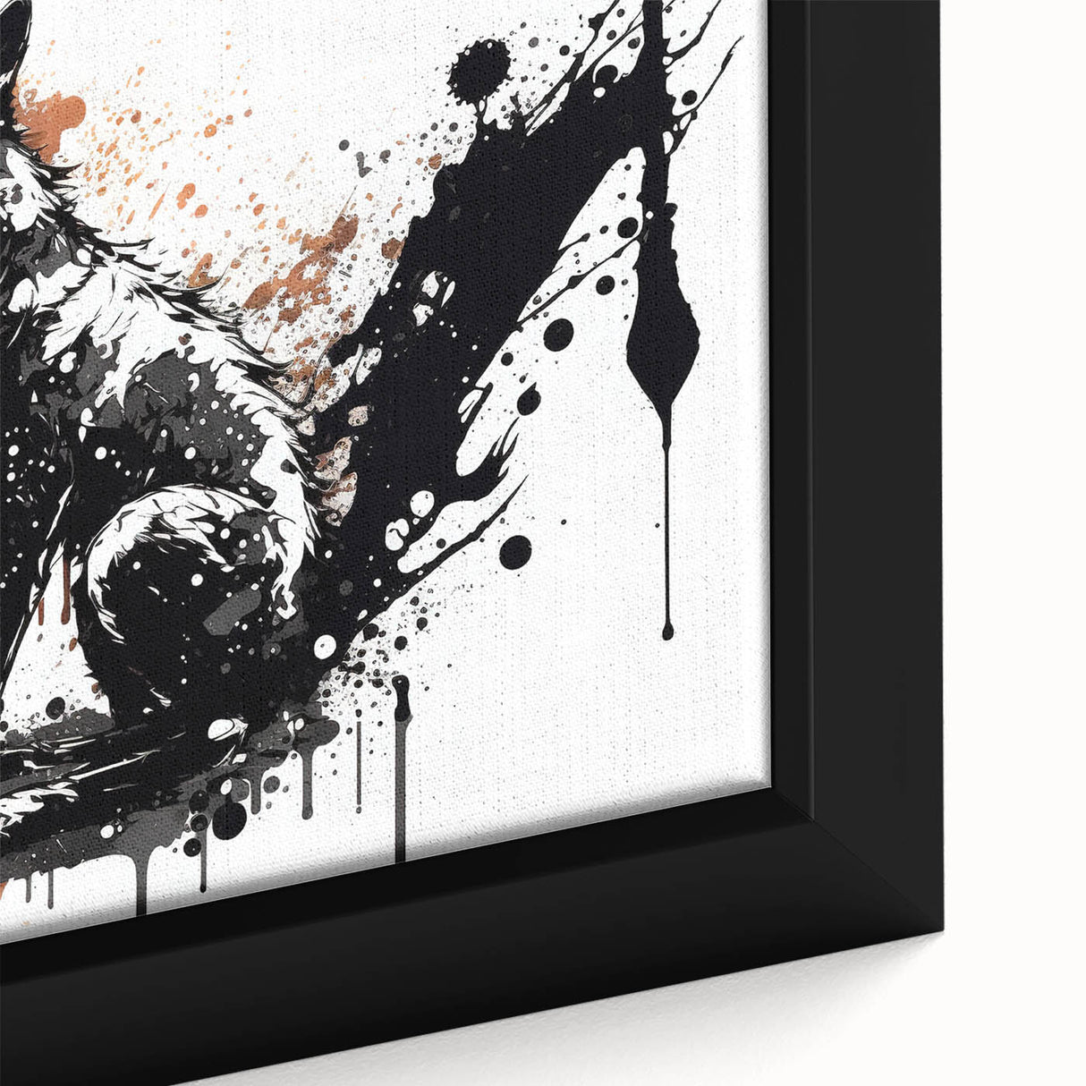 Close-up of a framed canvas featuring a vibrant fox design from the "Animals: A Wild Life" collection, showcasing detailed fur textures and rich colors, ideal for animal art enthusiasts.