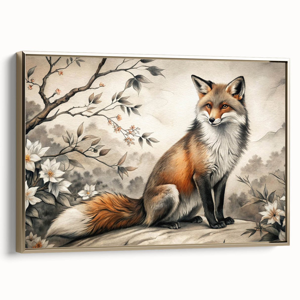 Framed wall art featuring a striking fox design on canvas, showcasing vibrant orange and gold hues, ideal for nature-themed decor in living spaces.