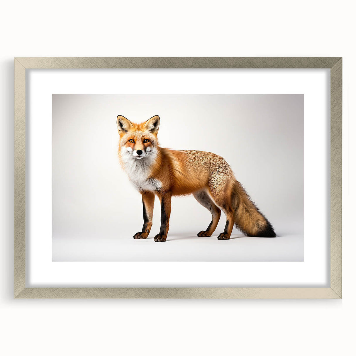 Framed wall art collection featuring a silver mat with a striking fox design, showcasing intricate details and vibrant colors, perfect for animal lovers' decor.