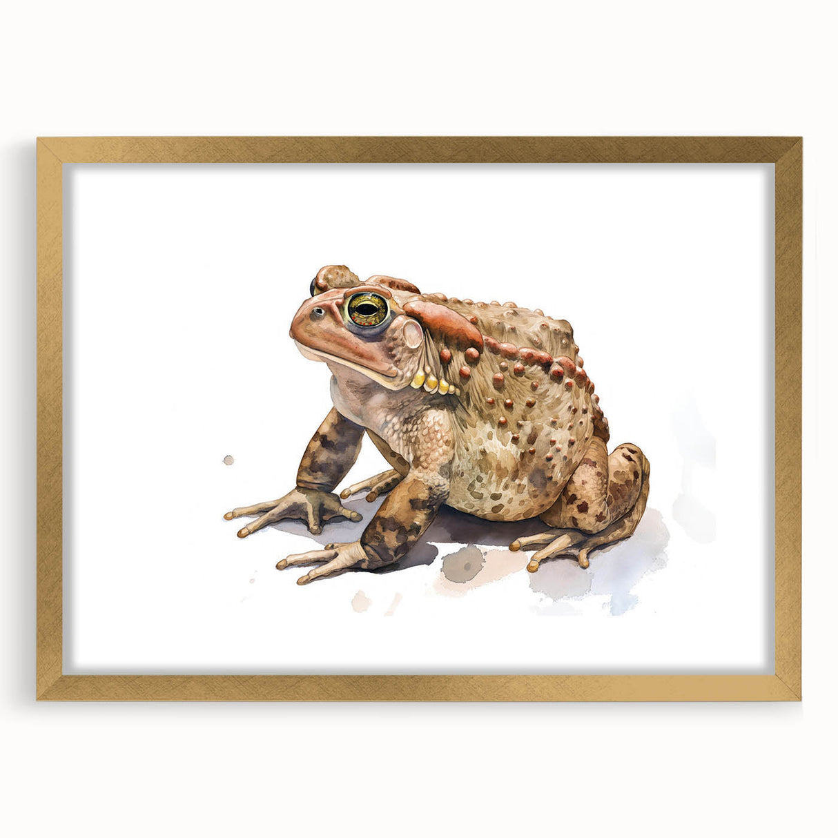 Framed wall art featuring a vibrant frog design in gold tones, showcasing intricate details and a decorative mat, perfect for wildlife enthusiasts and home decor.