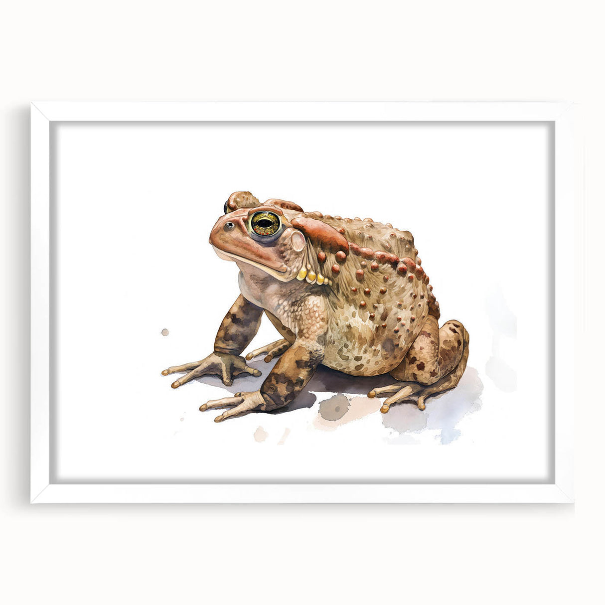 Frog-themed wall art framed in white with a mat, showcasing vibrant colors and intricate details, perfect for nature lovers and home decor enthusiasts.