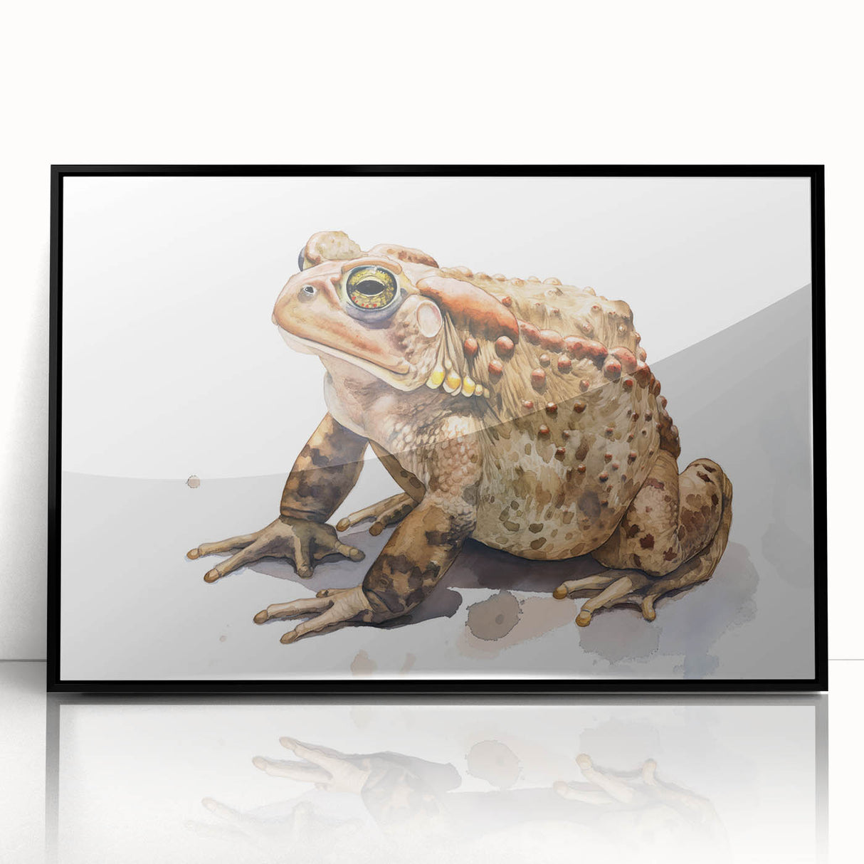 Framed wall art featuring a vibrant frog design from the "Animals A Wild Life" collection, set against a sleek black frame, perfect for nature lovers.