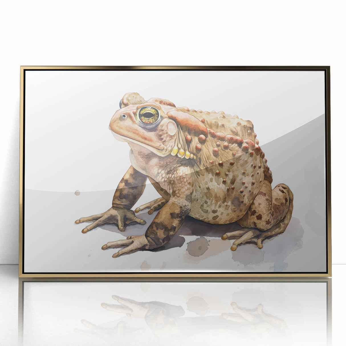 Framed wall art featuring a vibrant green frog design, set against a sleek gold-acrylic background, ideal for nature-themed home decor.