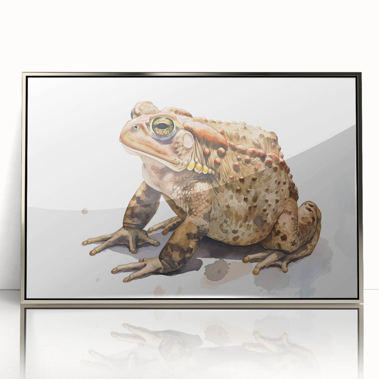 Framed wall art featuring a vibrant frog design in acrylic, showcasing intricate details and a sleek silver frame, ideal for nature and wildlife decor.
