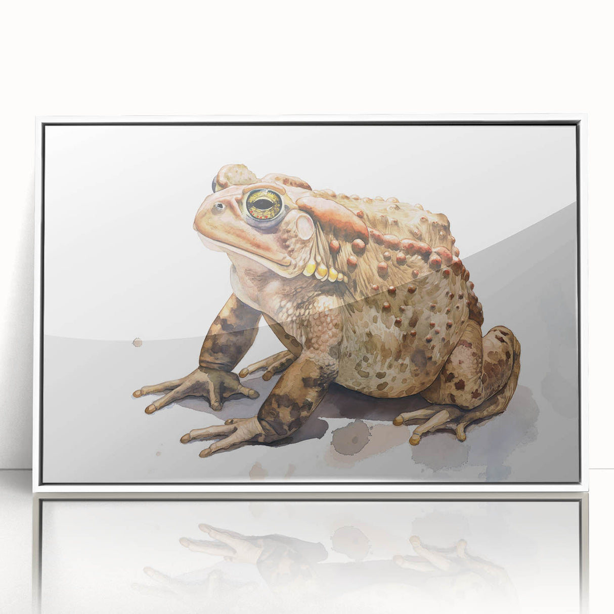 Framed acrylic wall art featuring a vibrant green frog design, set against a white backdrop, showcasing intricate details and textures ideal for nature-themed decor.