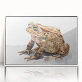 Framed acrylic wall art featuring a vibrant green frog design, set against a white backdrop, showcasing intricate details and textures ideal for nature-themed decor.