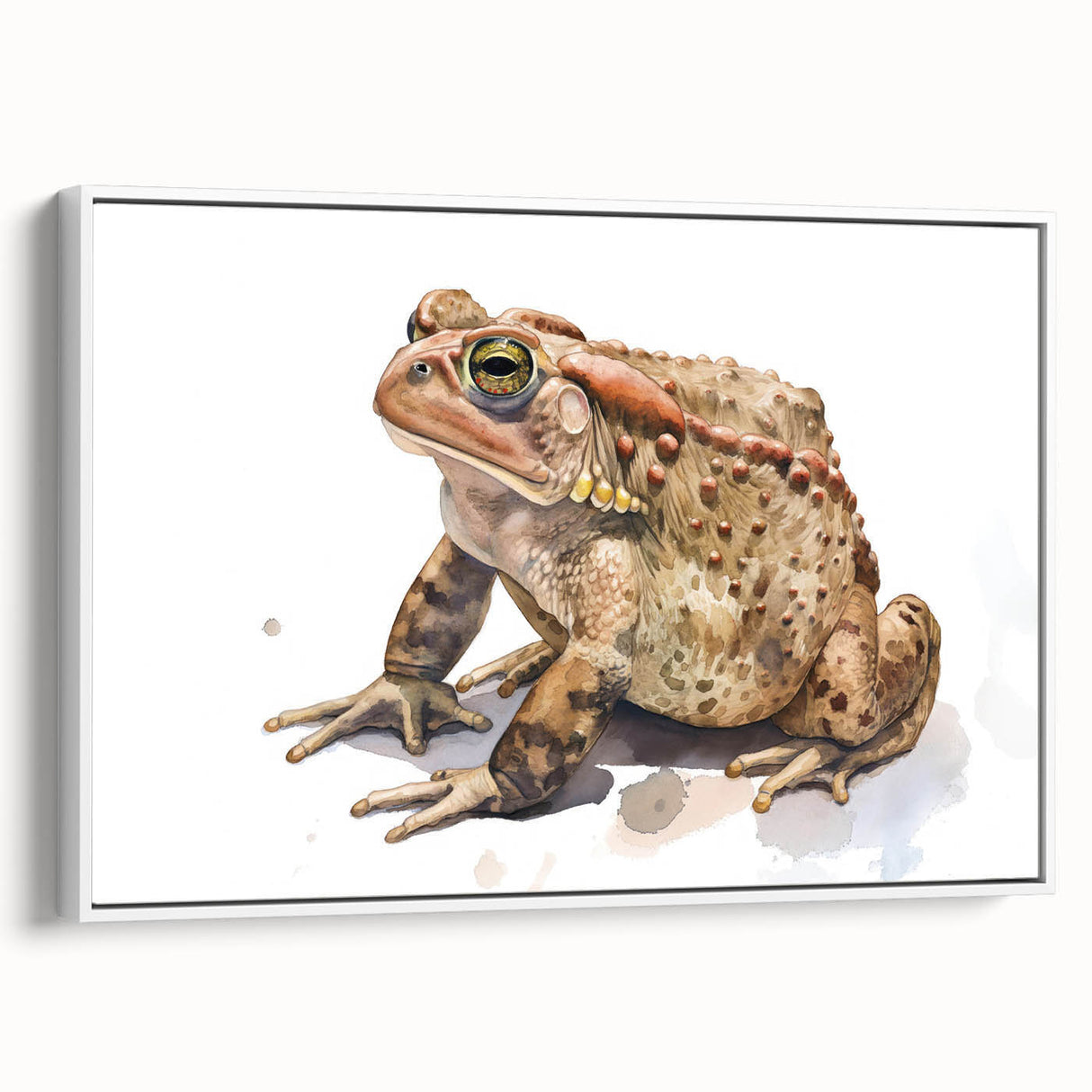Framed wall art featuring a vibrant frog design on textured canvas, showcasing vivid greens and blues, perfect for nature-themed decor. The piece is displayed in a stylish white frame, adding elegance to any space.