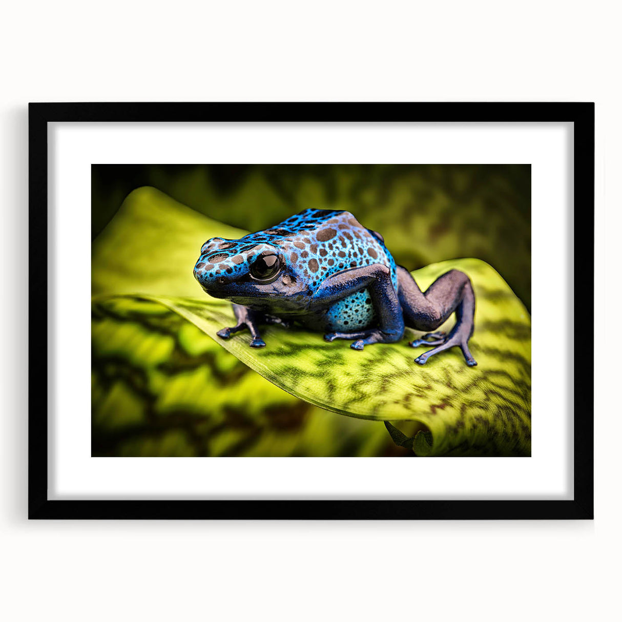Black-framed wall art featuring a vibrant frog design from the "Animals of the Wild" collection, showcasing detailed colors and textures, ideal for nature lovers.