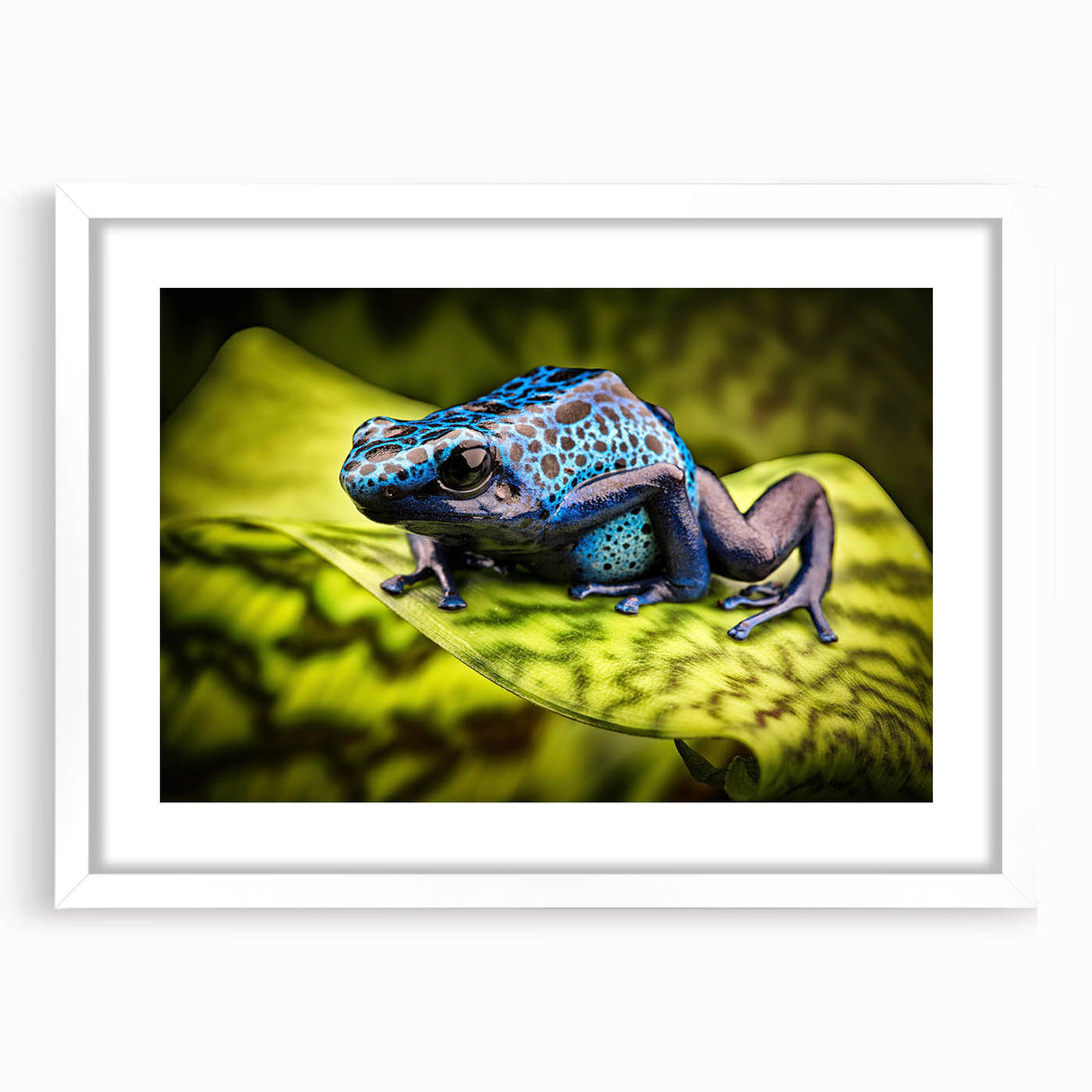 White-framed wall art print showcasing a vibrant frog design, part of the "Animals A Wild Life" collection, perfect for nature-themed decor.