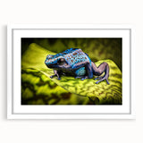 White-framed wall art print showcasing a vibrant frog design, part of the "Animals A Wild Life" collection, perfect for nature-themed decor.
