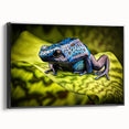 Framed wall art featuring a vibrant frog design in a black frame, showcasing intricate details and colors, perfect for nature and wildlife enthusiasts.