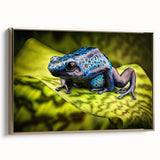 Framed wall art featuring a vibrant frog design in shades of green and gold, ideal for nature-themed decor, showcasing detailed textures and artistic flair.