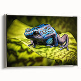 Framed wall art featuring a vibrant frog design with rich colors and intricate details, set against a sleek silver frame, ideal for nature-inspired decor.