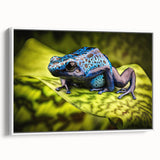 Framed wall art featuring a vibrant green frog design on a white canvas, showcasing intricate details and textures, ideal for nature-themed decor.