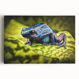 Colorful stretched canvas wall art featuring a vibrant frog design, ideal for nature-themed decor, showcasing intricate details and a lively green color palette. Perfect for animal lovers and art enthusiasts looking to enhance their living space with a unique touch.