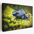 Stretched canvas wall art showcasing a vibrant green frog design, featuring intricate details and textures, perfect for wildlife enthusiasts and home decor.