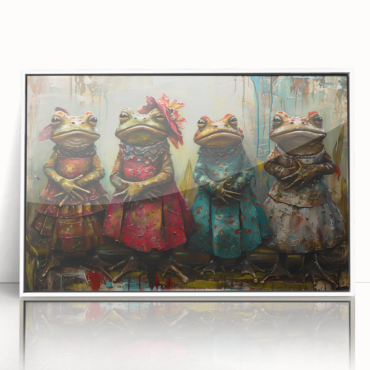 Framed wall art featuring a vibrant frog design from the "Animals A Wild Life" collection, set against a sleek white background, perfect for nature-themed decor.