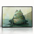Framed wall art featuring a vibrant green frog design, showcasing intricate details and a sleek black frame, perfect for nature-themed decor.
