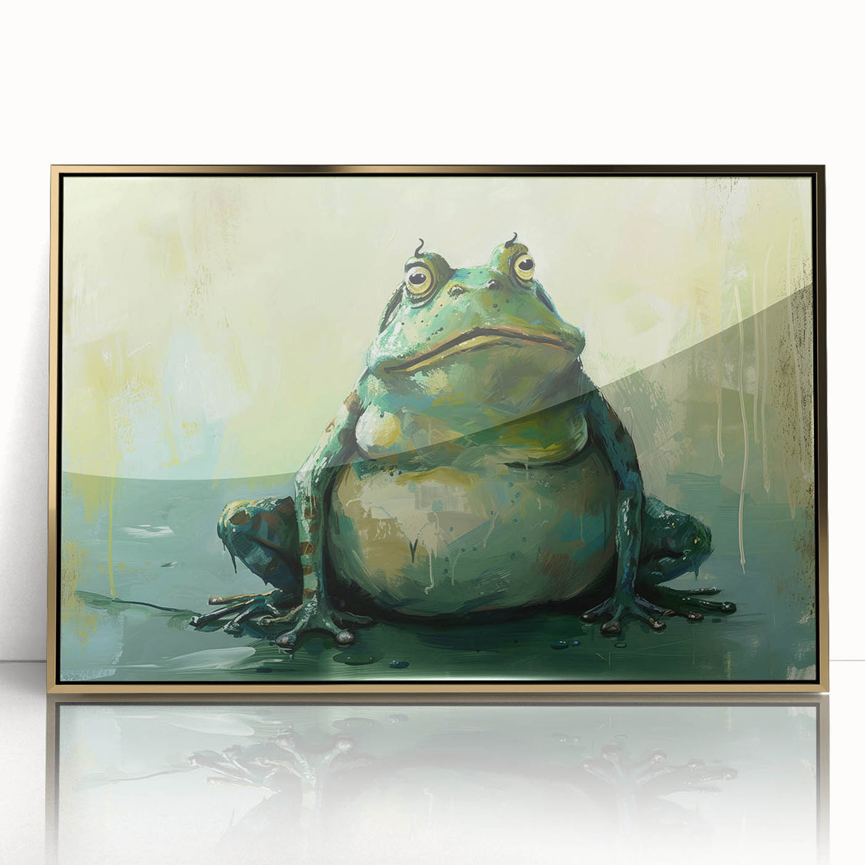 Framed wall art featuring a vibrant frog design in a gold-acrylic frame, showcasing intricate details and colorful patterns, perfect for wildlife enthusiasts.