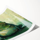 Colorful wall art print featuring a whimsical frog design, perfect for animal lovers, showcasing vibrant greens and yellows, ideal for home decor or gifting.
