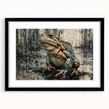 Black-framed wall art featuring a vibrant frog design from the "Animals A Wild Life" collection, showcasing intricate details and colorful elements, perfect for nature-themed decor.