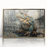 Framed wall art showcasing a vibrant green frog design with intricate details and a gold-accented frame, ideal for nature-themed decor and wildlife enthusiasts.