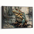 Framed canvas wall art featuring a vibrant frog design, showcasing intricate details and textures in a sleek black frame, ideal for wildlife enthusiasts.