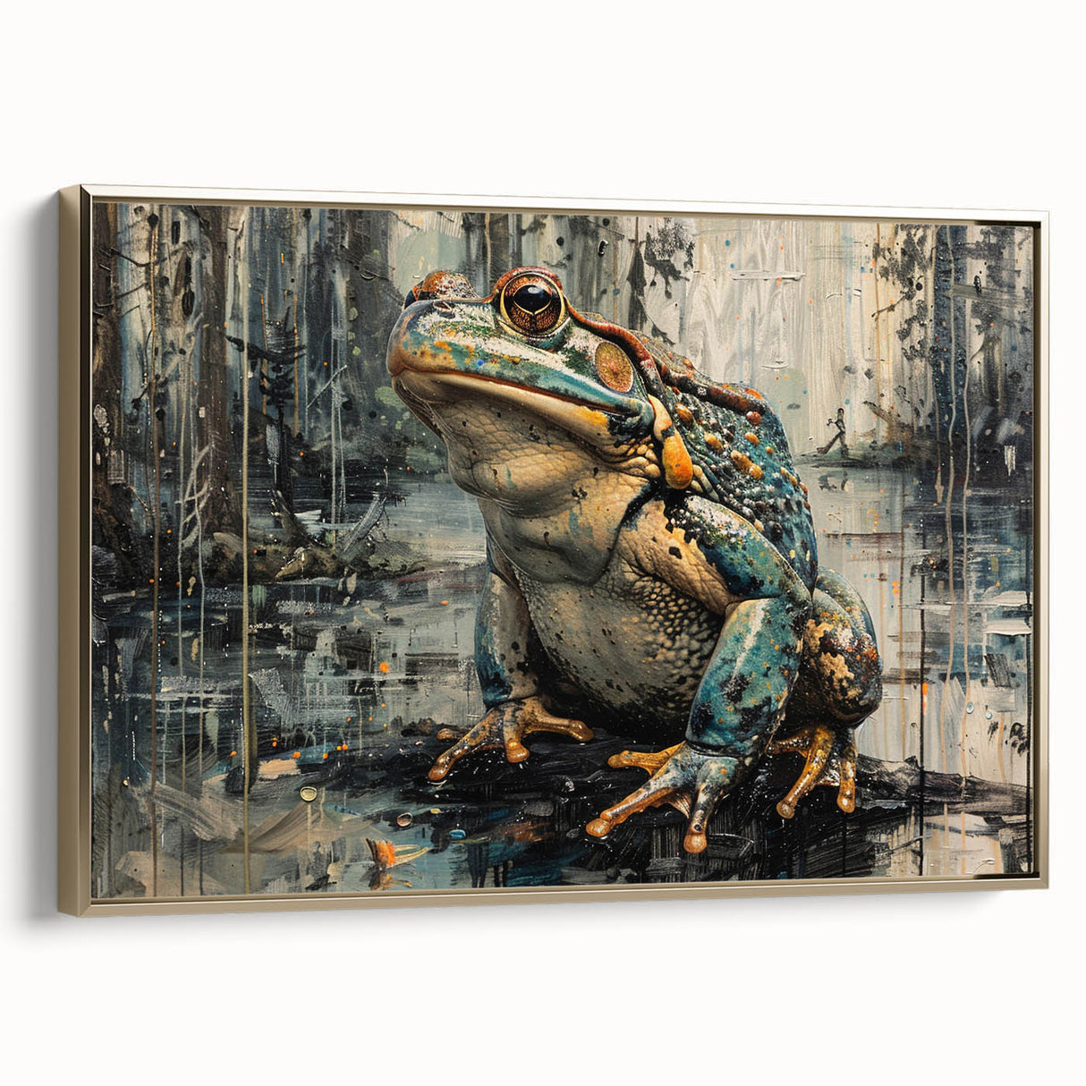 Framed wall art featuring a vibrant green frog design, set against a gold background, showcasing intricate details and textures in a stylish side view. Perfect for nature enthusiasts looking to enhance their decor with wildlife-inspired art.