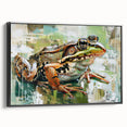 Framed wall art featuring a vibrant frog design from the Animals A Wild Life collection, set against a sleek black background, perfect for nature-themed decor.