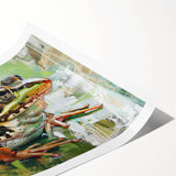 Vibrant rolled wall art print featuring a colorful frog design, ideal for wildlife decor, presented in a protective cardboard tube for easy storage.