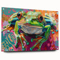Vibrant acrylic wall art showcasing a detailed frog design, displayed from the side with pins, ideal for nature-themed decor. Perfect for wildlife enthusiasts.