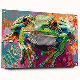 Vibrant acrylic wall art showcasing a detailed frog design, displayed from the side with pins, ideal for nature-themed decor. Perfect for wildlife enthusiasts.