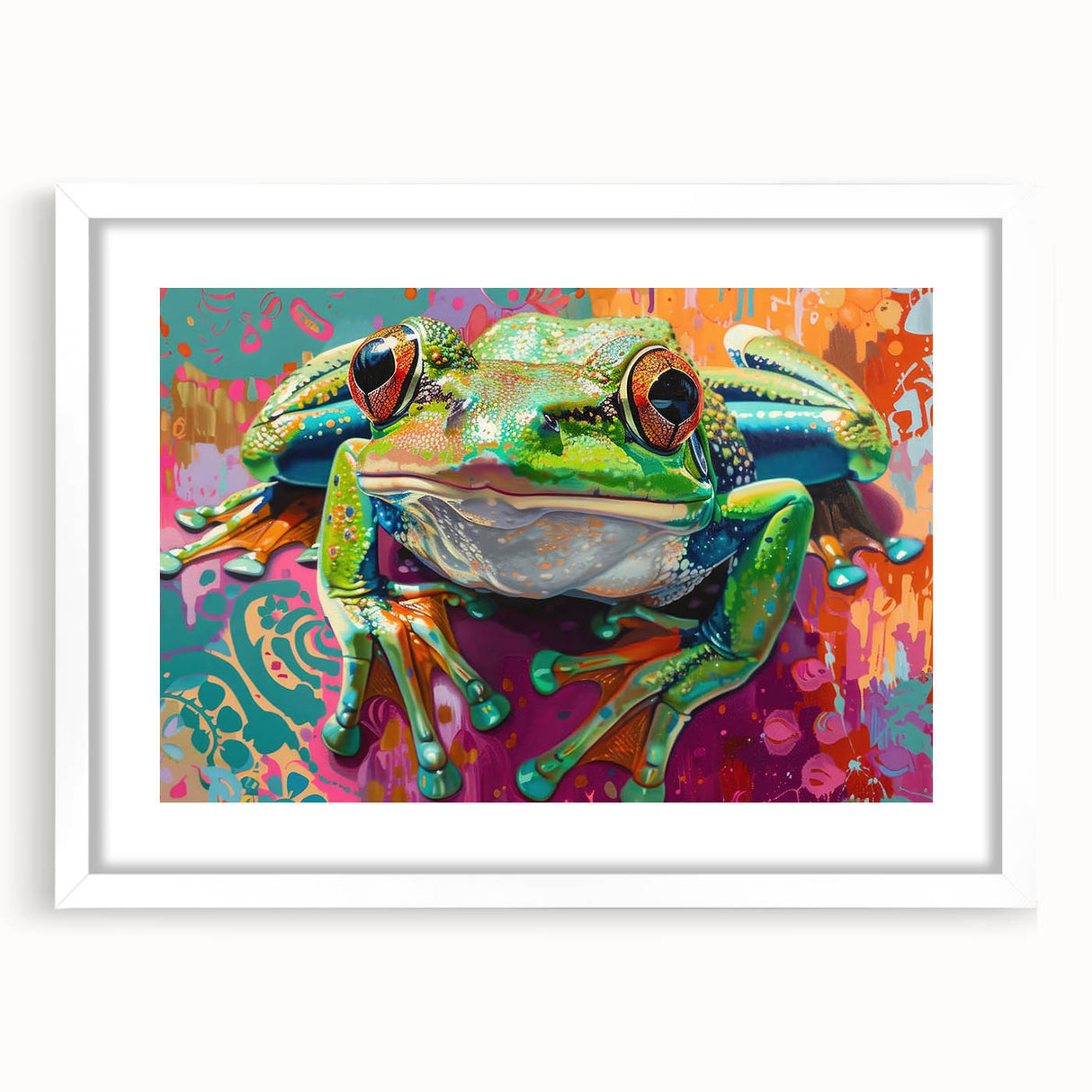 Framed wall art featuring a vibrant frog design from the Animals A Wild Life collection, set against a white mat, perfect for nature enthusiasts and home decor.
