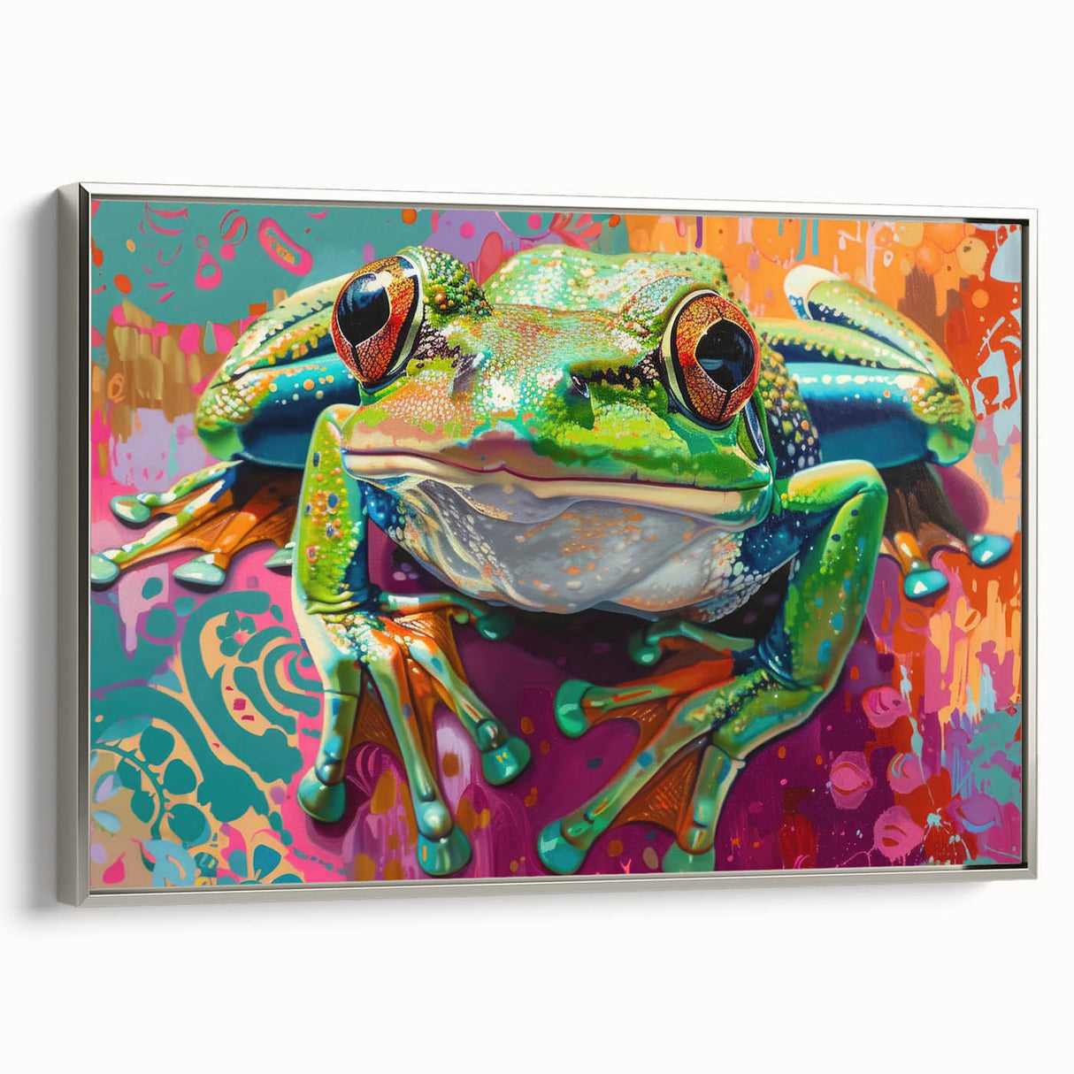 Framed wall art featuring a vibrant frog design in a silver frame, showcasing detailed textures and colors, perfect for nature-themed decor.