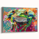 Framed wall art featuring a vibrant frog design in a silver frame, showcasing detailed textures and colors, perfect for nature-themed decor.