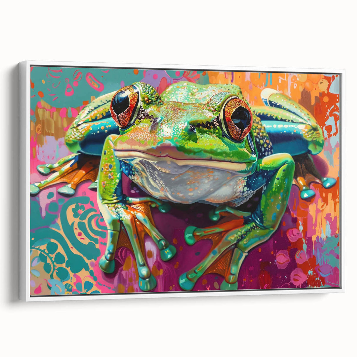 Framed wall art showcasing a vibrant frog design from the "Animals A Wild Life" collection, displayed against a white background for a modern aesthetic. This unique canvas adds a playful touch to any decor, perfect for nature enthusiasts.