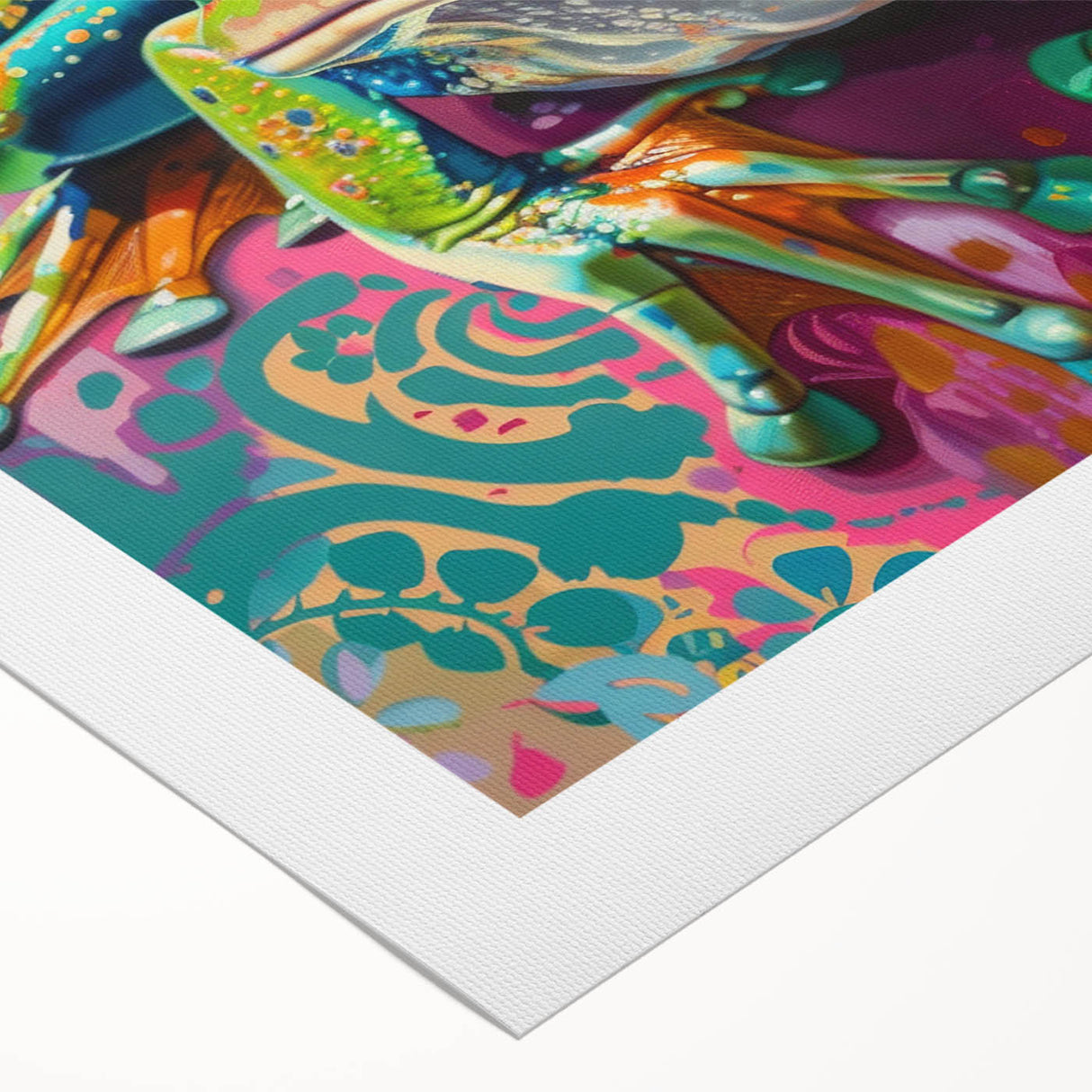 Colorful rolled canvas featuring a vibrant frog design from the "Animals A Wild Life" collection, showcasing intricate details and textures, perfect for nature-inspired decor.