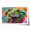 Vibrant frog-themed wall art print featuring a colorful, abstract design, ideal for enhancing home decor. This rolled artwork is perfect for nature lovers and adds a playful touch to any room.