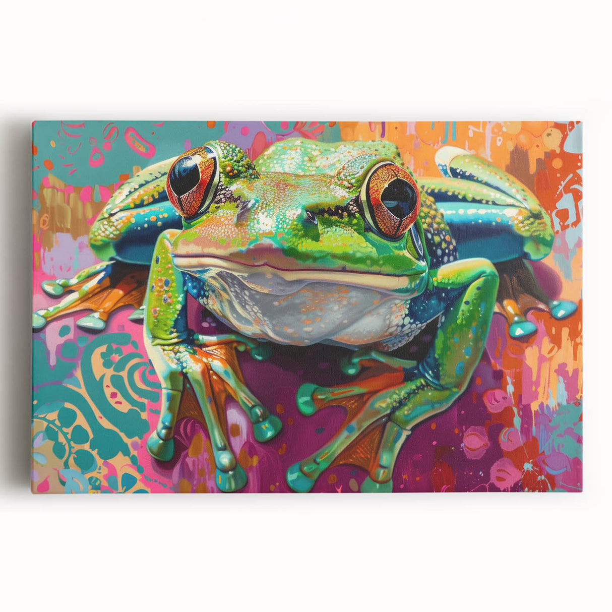 Colorful stretched canvas wall art featuring a detailed frog design, showcasing vibrant greens and yellows, perfect for nature enthusiasts and home decor.
