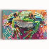 Colorful stretched canvas wall art featuring a detailed frog design, showcasing vibrant greens and yellows, perfect for nature enthusiasts and home decor.