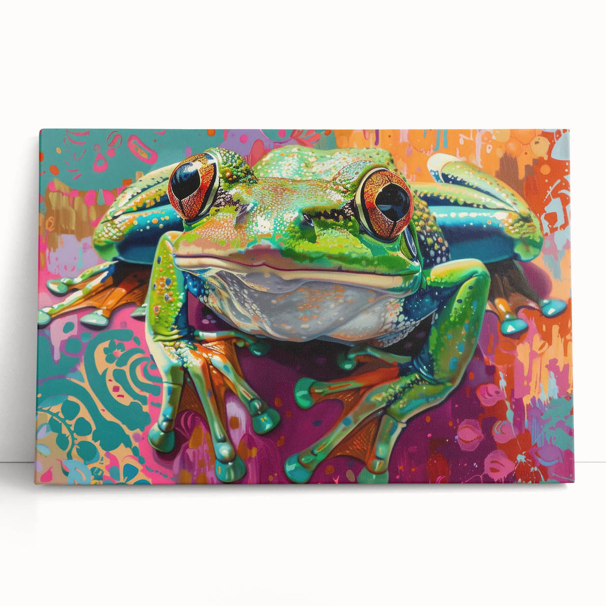 Vibrant frog design wall art on stretched canvas, showcasing a colorful and lively wildlife theme, perfect for enhancing home decor with nature's beauty.